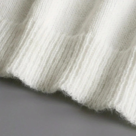 White Casual Women's Autumn/Winter Solid Color Frilled Edge V-Neck Sweater - Picture 5 of 6